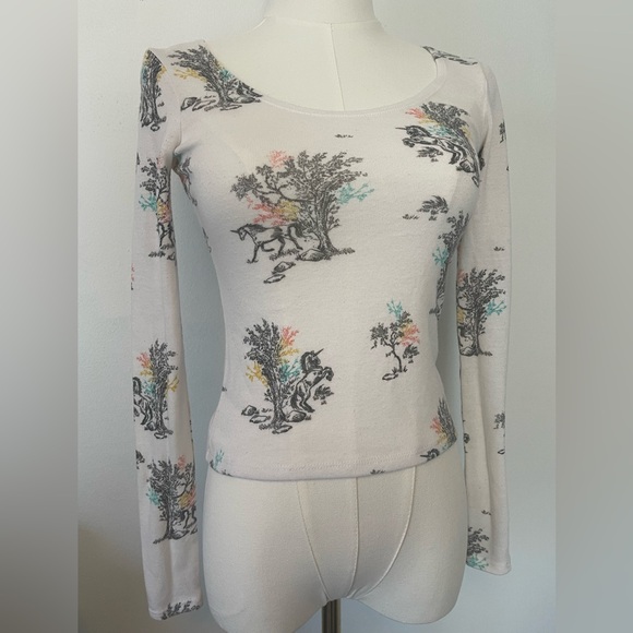 Mudd Tops - Mudd Cream Unicorn Toile Skimmer Top | XS Fairycore Coquette Y2K